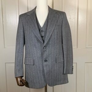 VTG 1980 Hart Schaffner Marx Mens 40R Gray Wool Herringbone Jacket Vest 2PC